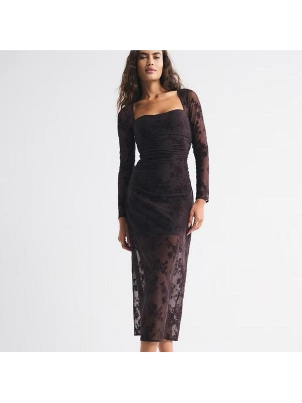 Abercrombie & Fitch Lace-Overlay Long Sleeve Midi Dress in Plum